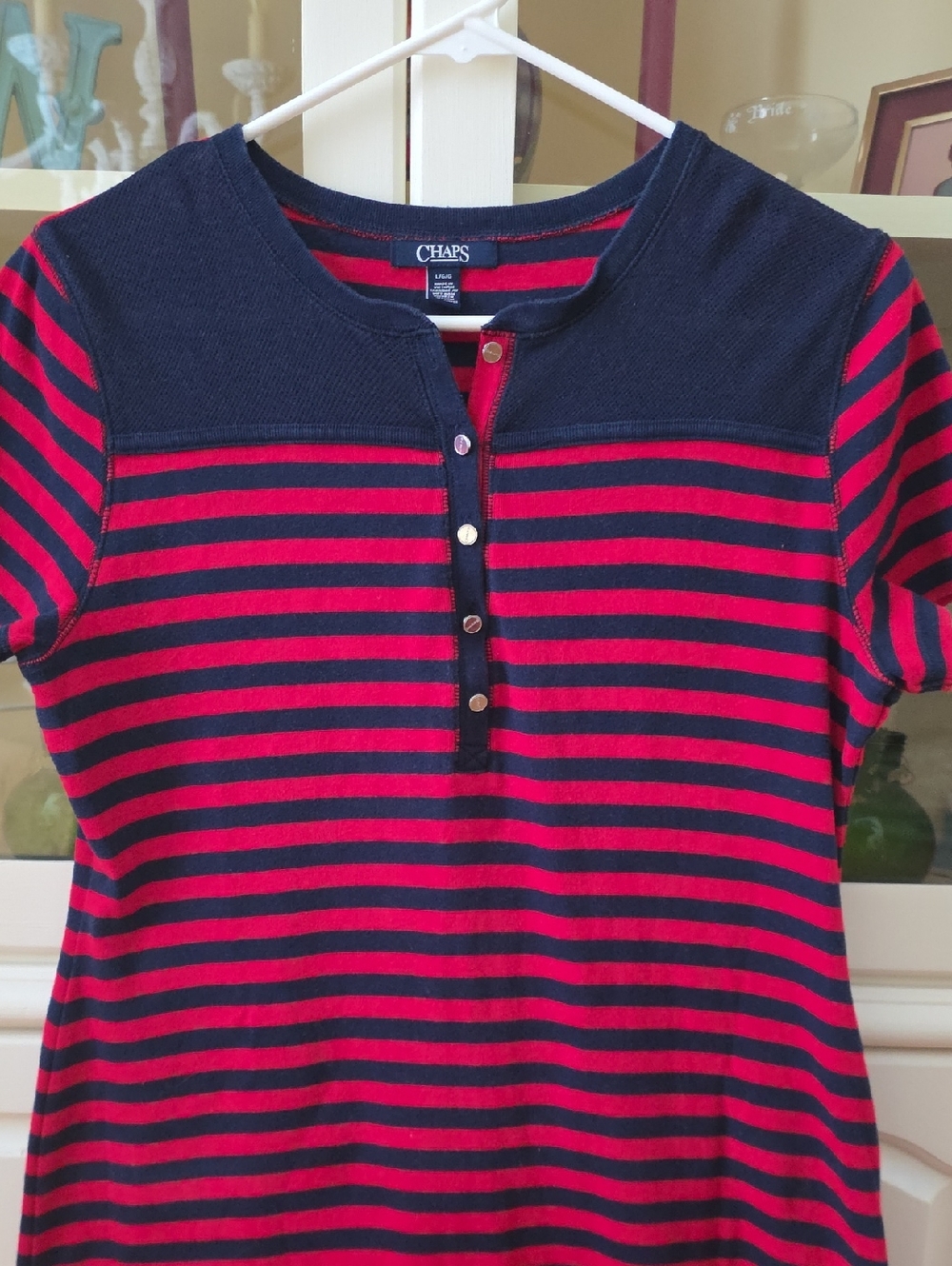 Chaps Navy and Red Striped Short-Sleeve Henley Dress